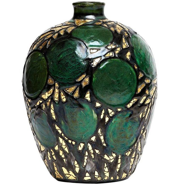 Max Laeuger Jugendstil Gold and Limes Mosaic Glass Vase by Max Laeuger