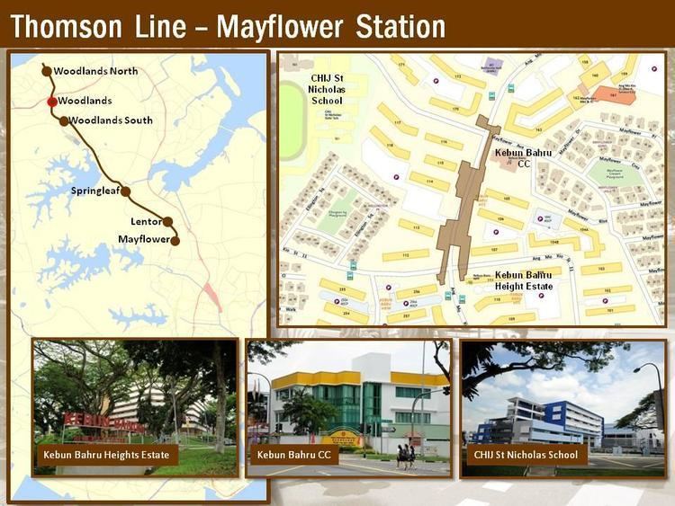 On the left, the Thomson line, on the right, the Mayflower Station, and at the bottom, Kebun Bahru Heights Heights, Kebun Bahru CC, and CHIJ St Nicholas School