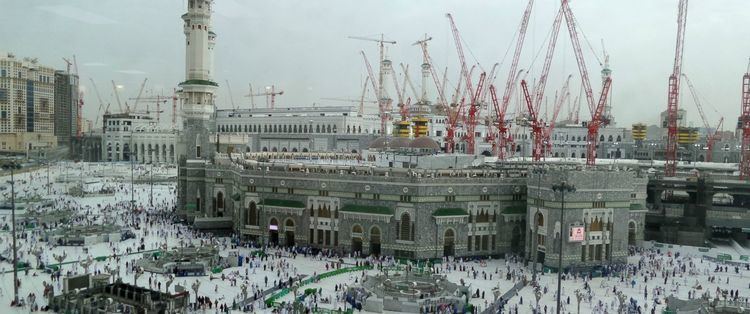 The Masjid al-Haram in Mecca, Saudi Arabia surrounded with cranes.