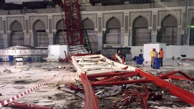 An actual scene of a crawler crane collapsed over the Masjid al-Haram in Mecca, Saudi Arabia.