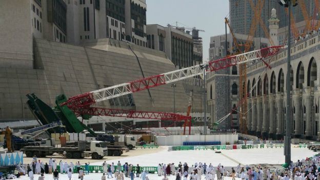 Scene from Masjid al-Haram in Mecca, Saudi Arabia with a crawler crane collapsed.