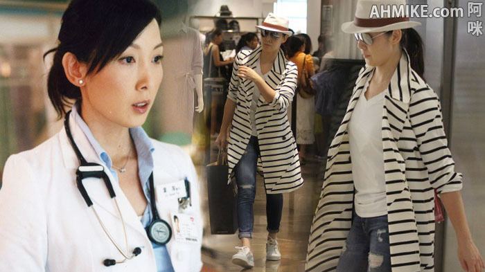 Melissa Ng is serious (left) and has straight hair with bangs, wearing a stethoscope around her neck, and a blue scrub under a white coat. In the (middle) is Melissa Ng being serious while holding a paper bag in her right hand, left-hand pointing, wearing a white hat, sunglasses, a white top under a black and white coat, and dark blue tattered jeans. On right is Melissa being serious, has black hair, wears a white hat, sunglasses, a white top under a black and white coat, and dark blue tattered jeans.
