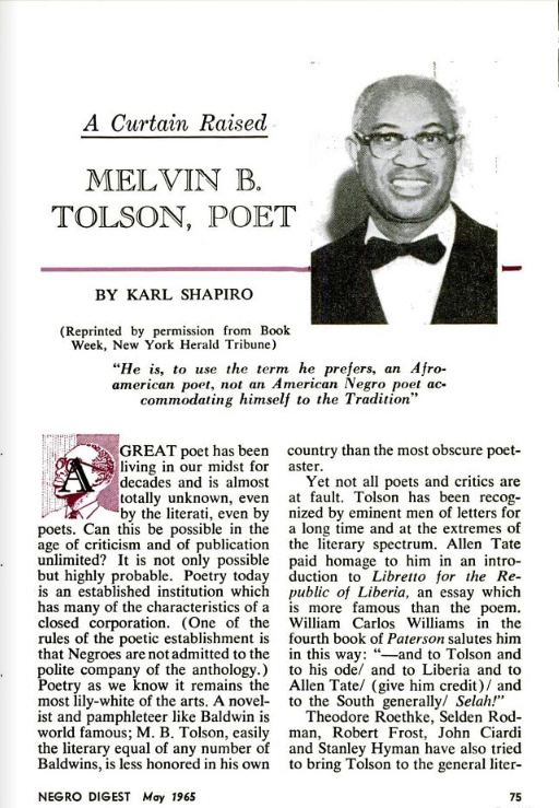 Melvin B. Tolson Karl Shapiro A Curtain Raised Melvin B Tolson Poet