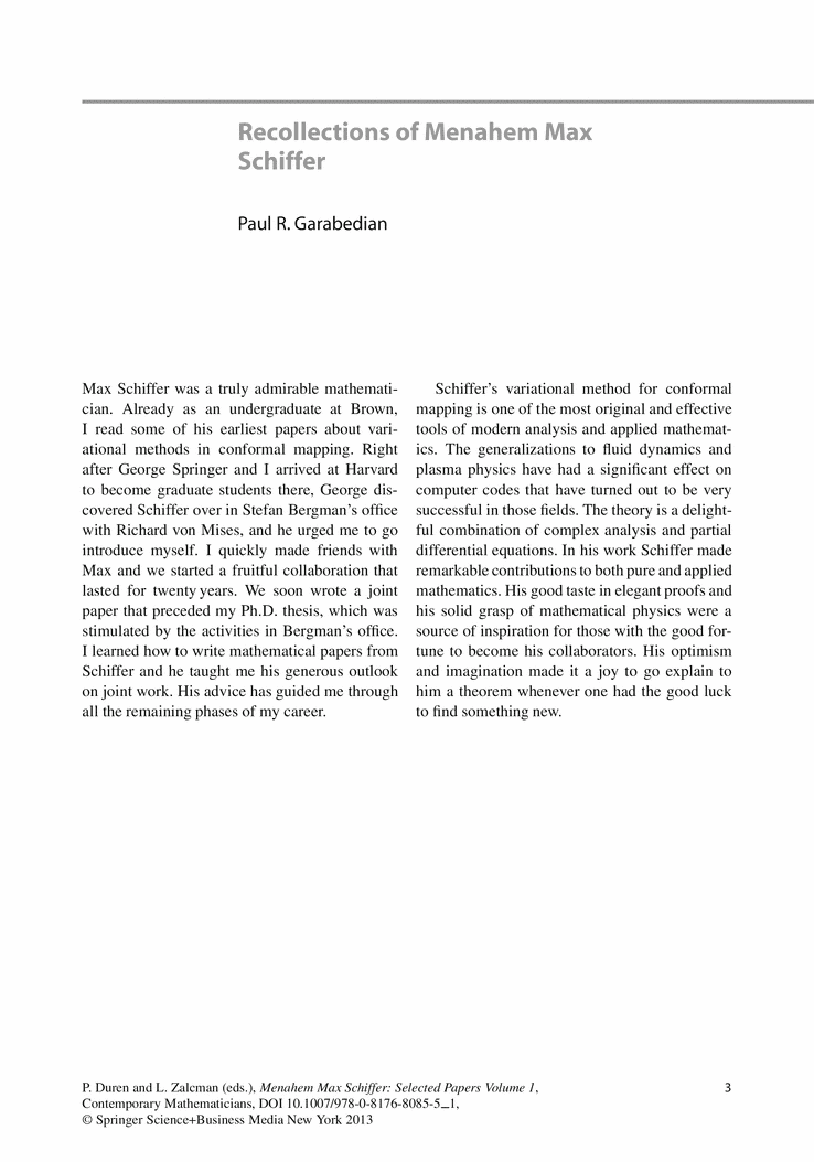 Menahem Max Schiffer Menahem Max Schiffer Selected Papers Volume 1 Springer