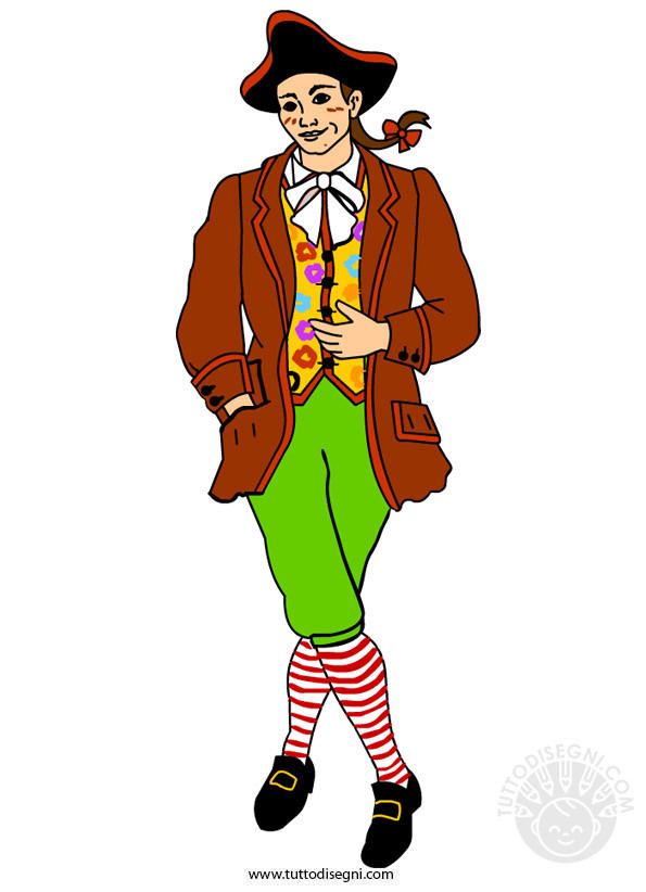 An illustration of Meneghino smiling wearing a colored shirt under a brown coat, green pants, a black and red hat, black shoes, and socks with a red and white stripe