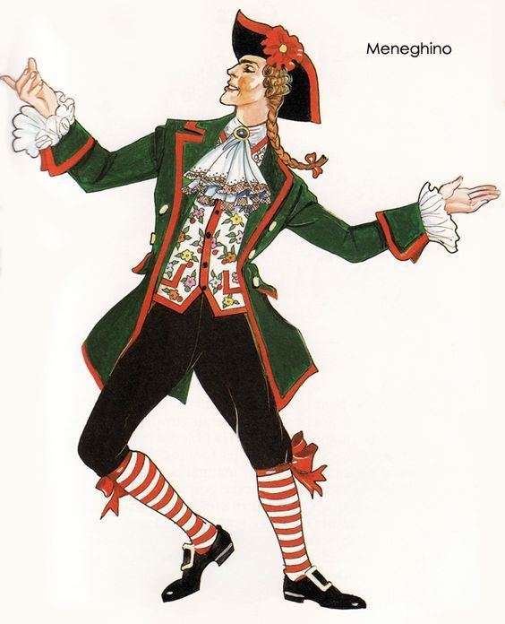 An illustration of Meneghino smiling with braided hair and arms wide open while wearing a floral vest under a green coat, black pants, black and red hat with a flower on the side, black shoes and socks with red and white stripe