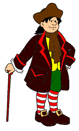 An illustration of Meneghino smiling in a black background and holding a red cane while wearing a yellow vest under a brown coat, brown scarf, green pants, brown hat, brown shoes, and socks with red and white stripe