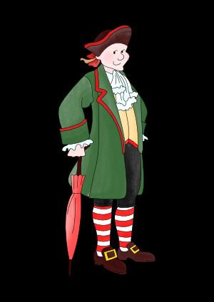 An illustration of Meneghino smiling in a black background and carrying a red umbrella  while wearing a yellow vest under a green coat, black pants, brown and red hat, brown shoes, and socks with red and white stripe