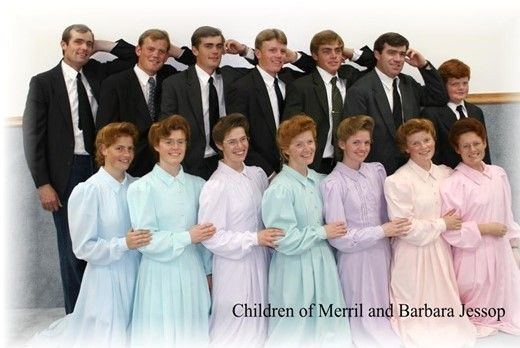Children of Merril Jessop and Barbara Jessop. On the back row, they are wearing a black coat, white long sleeves, and necktie while on the front row, they are wearing a colorful dress