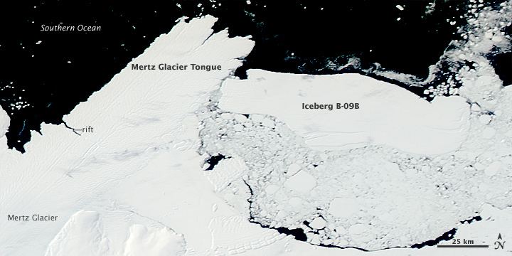 Mertz Glacier NASA Visible Earth Collision Calves Iceberg from Mertz Glacier