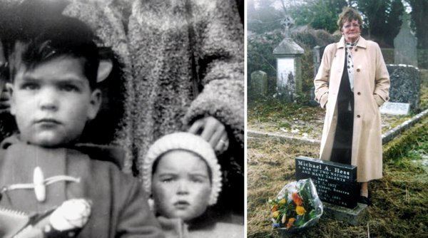 On the left, a black and white photo of Michael A. Hess with a young girl. On the right, grave of Michael A. Hess with a bouquet of flowers and a woman wearing a coat.