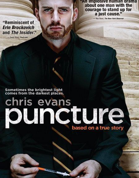 Chris Evans as Mike Weiss wearing a black coat, long sleeves, and necktie on a poster of the 2011 film, Puncture