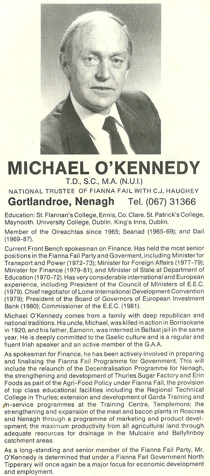 Michael Smith (Irish politician) Leaflet from Michael OKennedy Michael Smith Fianna Fail