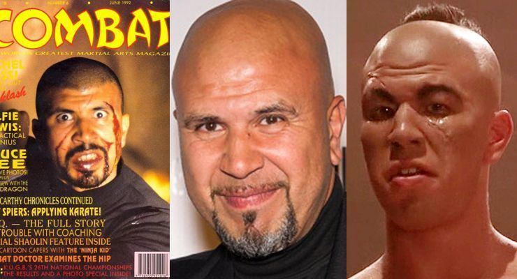 On the left, is a magazine cover featuring Michel Qissi with an angry face, scars on his face, a beard and mustache, and wearing a black shirt. In the middle, Michel Qissi smiling, with a bald head, with a beard and mustache, and wearing a black shirt. On the right, Michel Qissi as Tong Po with a furious face in a movie scene from Kickboxer, a 1989 American martial arts film.