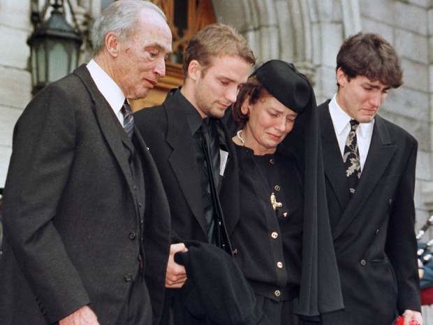 Former prime minister Pierre Trudeau, Sacha, Margaret, and Justin (from left to right) are crying at St. Viateur Church in Montreal for a memorial service for Michel Trudeau