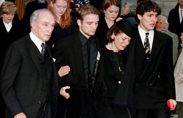 Former prime minister Pierre Trudeau, Sacha, Margaret, and Justin (from front left to right) are crying with three women at the back at St. Viateur Church in Montreal for a memorial service for Michel Trudeau