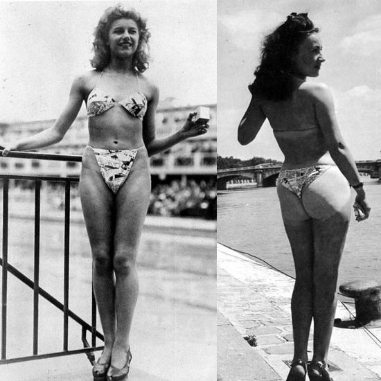 Micheline Bernardini wearing the World’s first bikini at the Molitor Pool in Paris (front and back view)