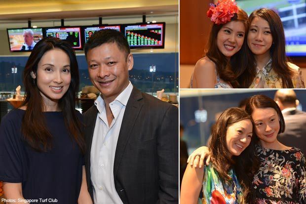 On the left, Michelle Saram smiling with the man beside her and she is wearing a blue blouse while on the lower right, Lum May Yee wearing a blue floral blouse