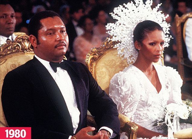 Michele Bennett sitting on a chair with her husband Jean-Claude Duvalier at their wedding ceremony