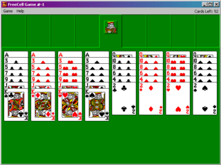 Microsoft FreeCell in Windows 7, a solitaire card game. The game is shown in its initial state before the player has made any moves.