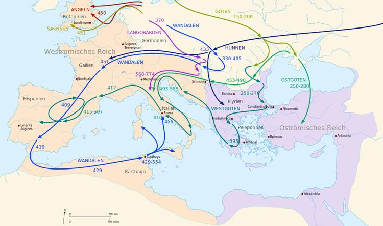Schematic map showing the late Roman Empire Migration Period Barbarian Invasion.