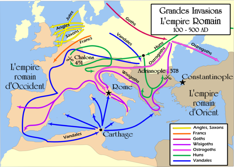 Map of Western Europe showing movements of various tribes across the continent around 500 C.E. Yellow line indicates Angles, Saxons, Orange line is Francs, Red line is Goths, Purple line is Wisigoths, Pink line is Ostrogoths, Green line is Huns and Blue line is Vandales.