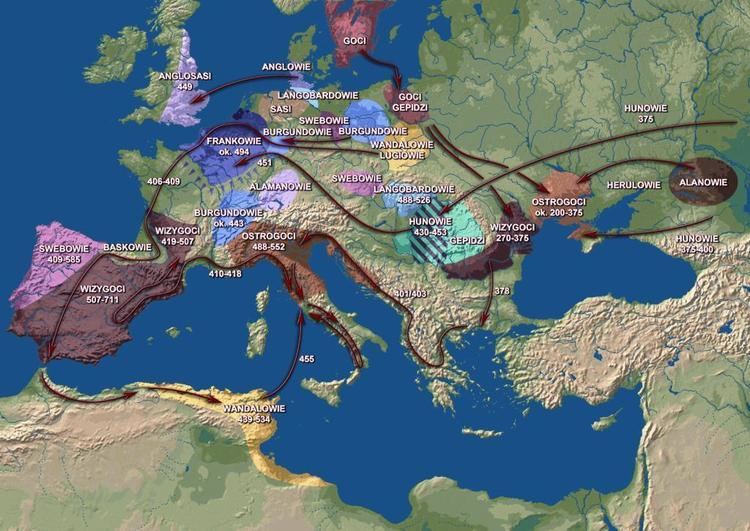 A map showing the migrations of Barbarian peoples in the late 4th and during the 5th century.
