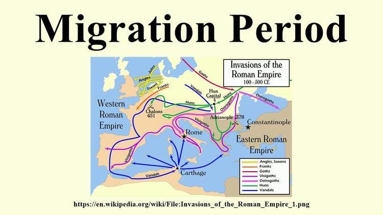 Map of Western Europe showing movements of various tribes across the continent around 500 C.E. Yellow line indicates Angles, Saxons, Orange line is Francs, Red line is Goths, Purple line is Wisigoths, Pink line is Ostrogoths, Green line is Huns and Blue line is Vandales.