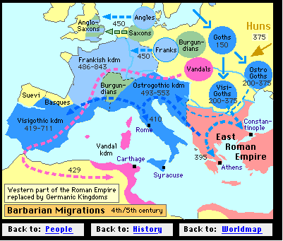 A map showing the Western part of the Roman Empire was replaced by Germanic Kingdoms during the Migration Period.