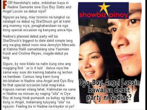 A news article about Angel Locsin and Oyo Sotto not being allowed to the birthday party of Nadine Samonte. Angel is smiling while talking to someone, with black hair, wearing a white top. On the other side, Oyo is with a serious face, looking at something, and the cousin of Mikko Sotto.