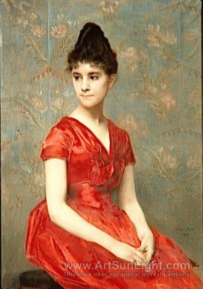Émile Lévy Jeune fille en robe rouge sur fond de fleurs Emile Levy Art 3