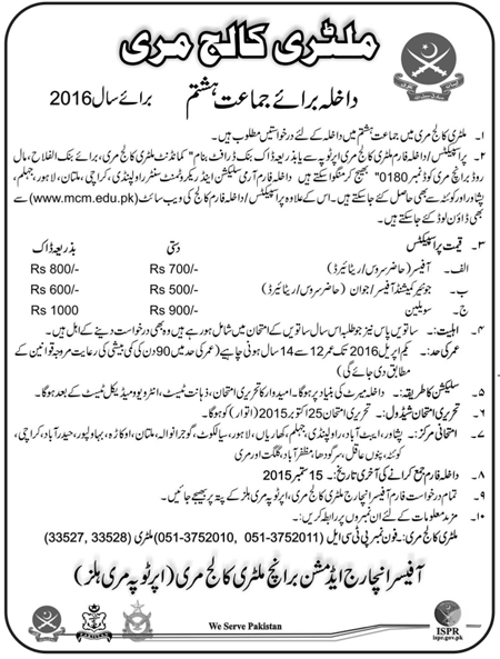Military College Murree Military College Murree 8th Class Entry Test Result 2015 Admission 2016