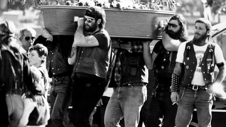 Members of Bandidos Motorcycle Club chapter in Australia carrying the caskets of their dead comrades killed during the Milperra Massacre.