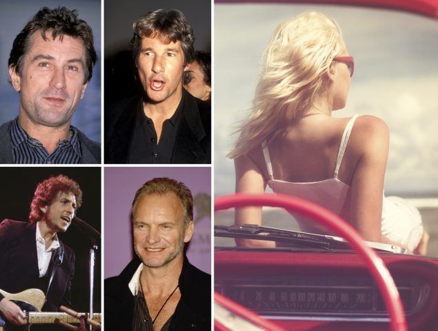 Man behind the telephone relationship with Miranda are Robert de Niro (left) beside him is Richard Gere, Eric Clapton (below left) beside him is Sting, and Miranda (right image) sitting while leaning both her back arms on a red car, she has a blonde hair, wearing red eyeglasses and white spaghetti top. Robert smiling with his black hair wearing black stripe polo, Richard with an open mouth look with his black hair wearing a black polo under a black coat, Eric singing on a microphone while holding a guitar with his red hair wearing a white polo under a black coat and Sting is smiling with his blonde hair, has a beard and mustache wearing a black necklace and an unbuttoned black polo