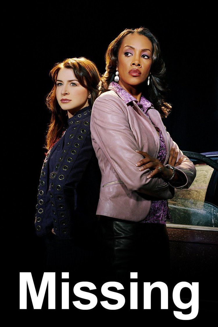 The movie poster of Missing 2003-2006, in a black background, On the left, Caterina Scorsone is serious, standing back to back with Vivica A. Fox, hands in her pocket, has brown long hair, wearing gold earrings, and a dark blue jacket with metal holes. At the right, Vivica A. Fox is serious, standing with a brown car door at the back, her arms crossed, has black long hair, wearing a white dangle earrings, silver ring, silver watch and a purple printed polo under a pink leather jacket and a black pants, at the bottom is the title “Missing”