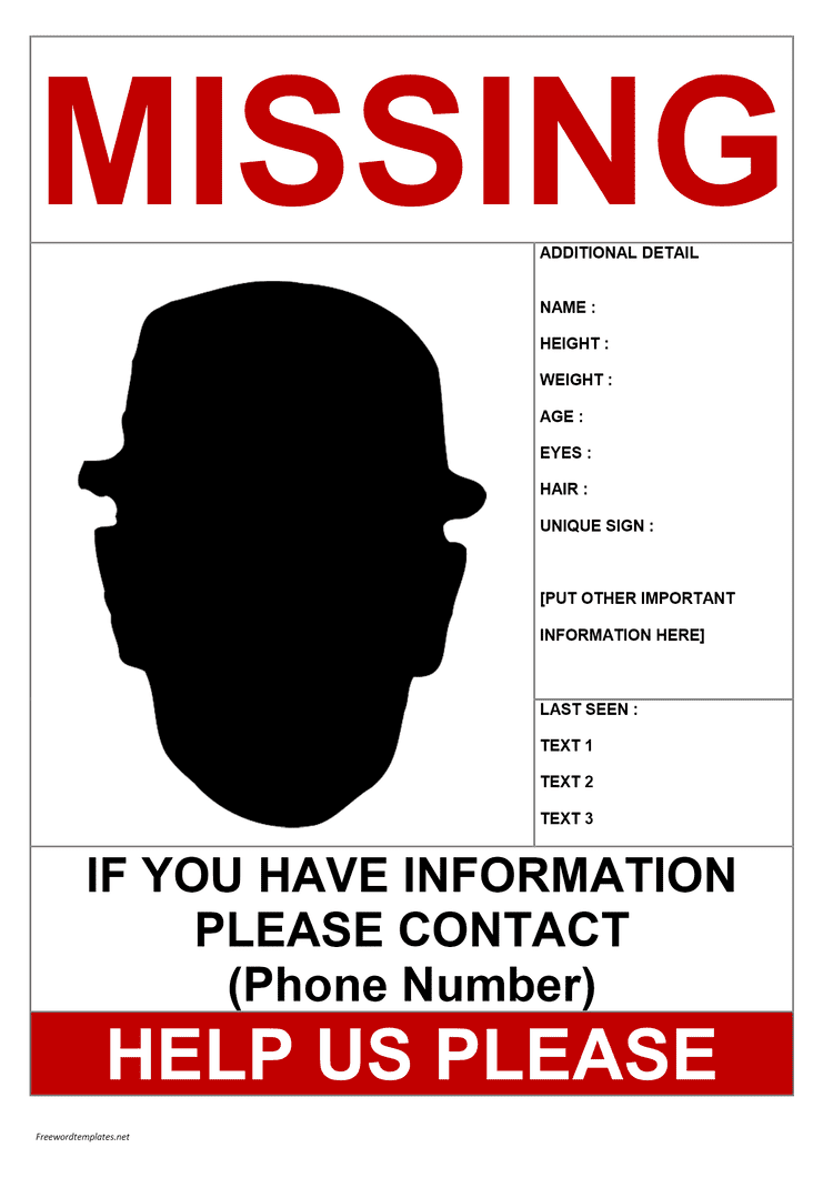 Missing person Missing Person Poster Template Freewordtemplatesnet