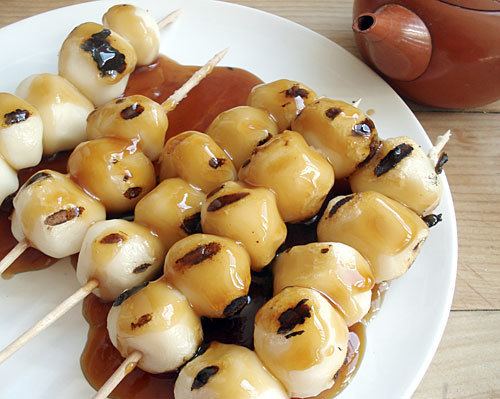 Mitarashi dango Mitarashi dango rice dough dumplings with sweetsalty sauce