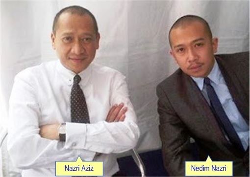 Mohamed Nazri Abdul Aziz posing with Mohamad Nedim Nazri wearing a white shirt and a spotted black tie.