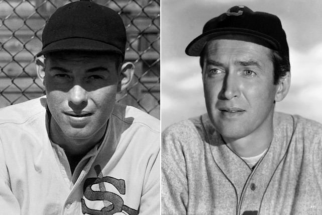 On the left, Monty Stratton with a tight-lipped smile and wearing a cap while on the right, James Stewart looking afar while wearing a cap