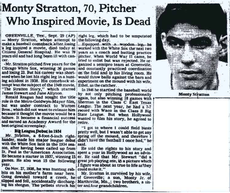 Monty Stratton's death was featured in a newspaper
