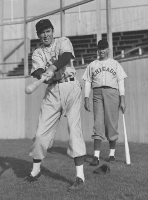 James Stewart and Monty Stratton playing baseball while wearing a cap, Chicago white sox jersey, pants, and shoes
