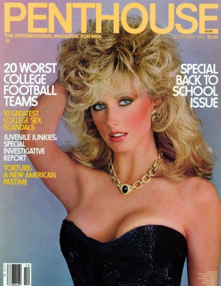 Morgan Fairchild on the cover of Penthouse men's magazine while wearing a black tube top and gold necklace