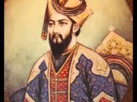 Portrait of Muhammad bin Tughluq sitting on the throne, with mustache and beard, and wearing a fez, a cream, red and blue robe, and necklace