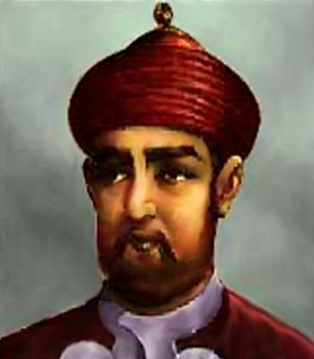 Muhammad bin Tughluq with mustache and beard while wearing a red turban and a white and red robe