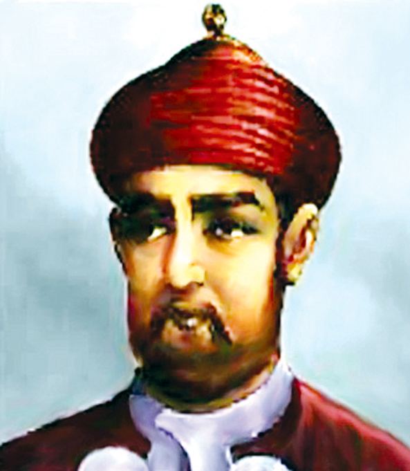 Muhammad bin Tughluq with mustache and beard while wearing a red turban and a white and red robe