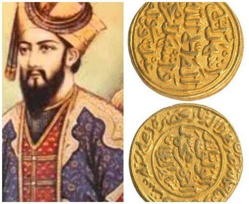 On the left, Portrait of Muhammad bin Tughluq wearing a cream, red and blue robe and necklace while on the right, is his Gold Tankas