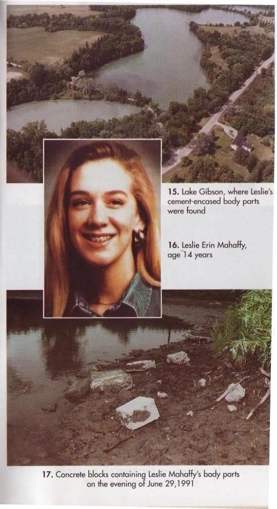 The Lake Gibson (upper part) where Leslie Mahaffy's cement-encased body parts were found. Leslie, 14, (middle) smiling with golden-brown hair and braces on her teeth while wearing hoop earrings, a necklace, and a blue denim blouse with a collar. Concrete blocks near the lake (lower part) containing Leslie's body parts on the evening of June 29, 1991