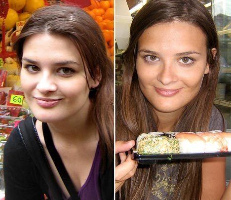 Lindsay Hawker while on the market (picture on the left); Lindsay Hawker while having her meal (picture on the right)