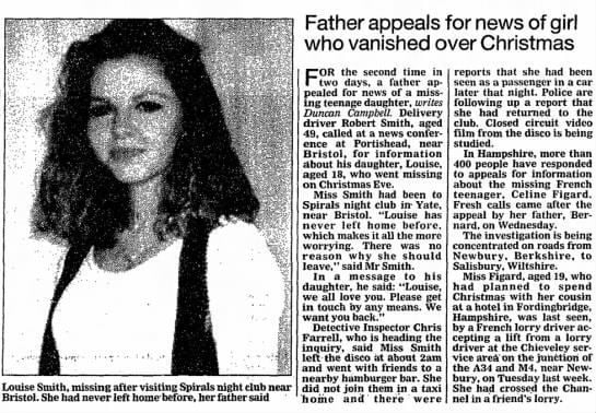 Newspaper article featuring the missing Louise Smith.