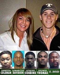Channon Christian and Christopher Newsom (on the top) are smiling while Channon with blonde straight hair is wearing a white blouse and Christopher is wearing a gray cap and white shirt under an orange polo and black jacket. Vanessa Coleman, Lemaricus Davidson, Letalvis Cobbins, George Thomas, and Eric Boyd with serious faces (bottom left to right)